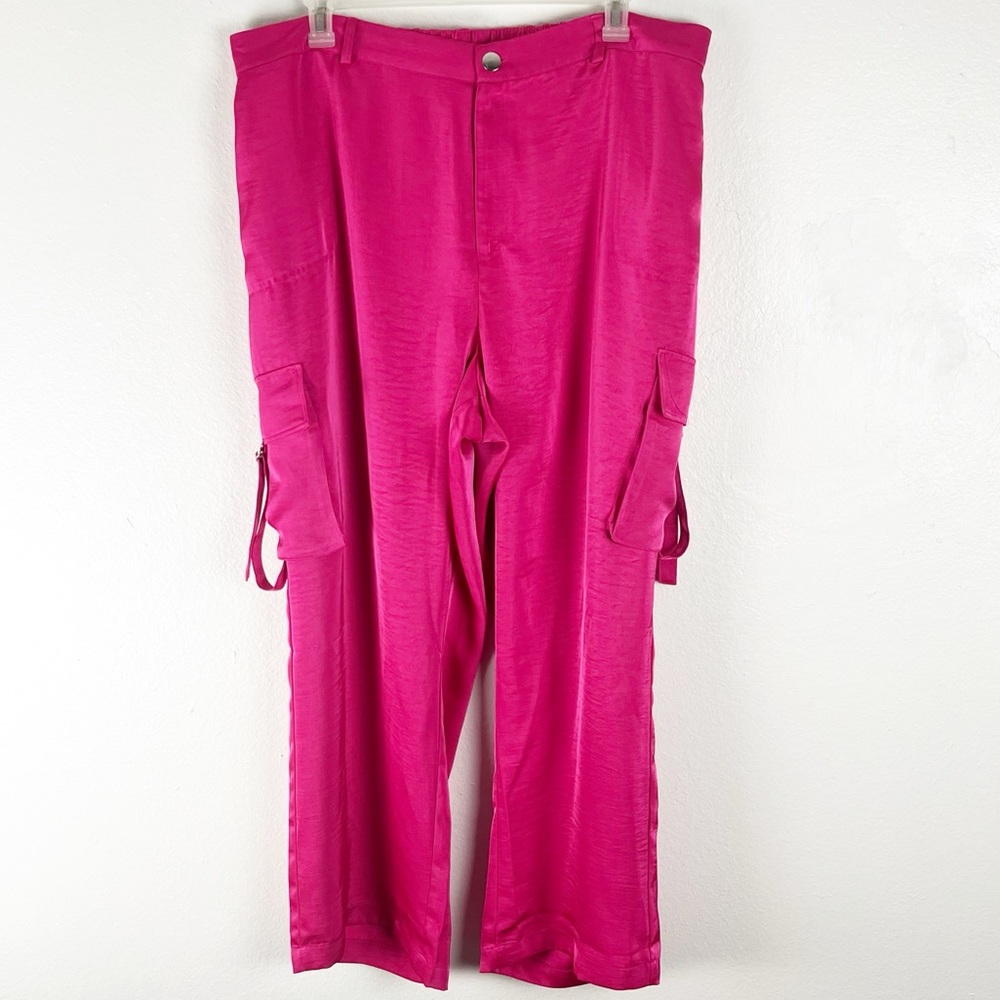 NINA PARKER Fuchsia Pink High Rise Cargo Pockets Satin Pants, Size 18W Casual